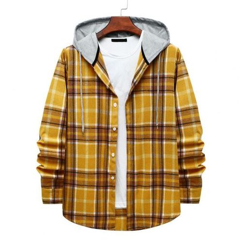 Men's Plaid Hooded Blouse, Long Sleeve Hooded Shirt