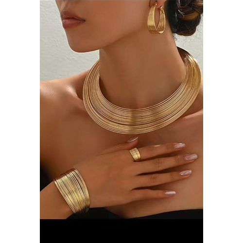 product_image_name-Fashion-African Choker Necklace Sets Multi-Layer Hoop Gold Plated Bib Choker Earring Bracelet-1