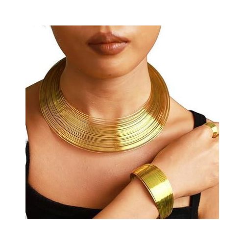 product_image_name-Fashion-African Choker Necklace Sets Multi-Layer Hoop Gold Plated Bib Choker Earring Bracelet-3