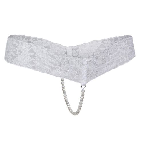 Sexy Women Crotchless Panties Sheer Lace Thong Underwear Pearls