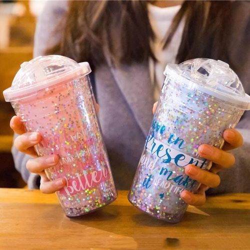 summer Cold Water Cup Tumbler With Straw Double Layer Plastic