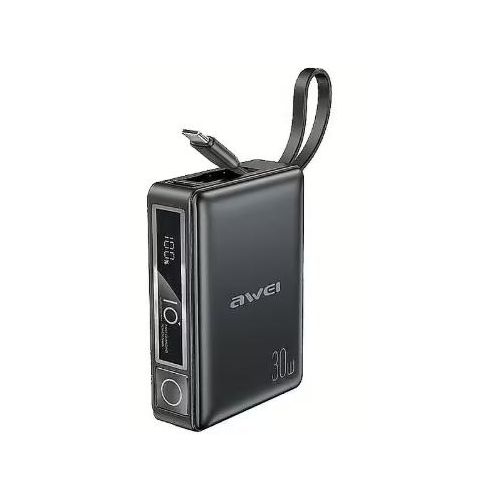 product_image_name-Awei-P87K Power Bank 10,000mAh – 30W Fast Charging, USB-C Integrated Cable, LED Display-3