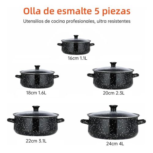 product_image_name-Generic-Five-Piece Enamel Cookware Set with Glass Lid for Gas Hobs, 16cm, 18cm, 20cm, 22cm, and 24cm - Black-2