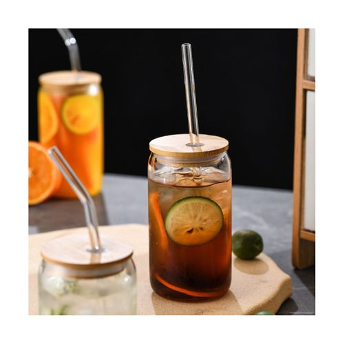 Transparent Can shape Glass Cups with Bamboo lid And Straw Ice Coffee Cups  Glass