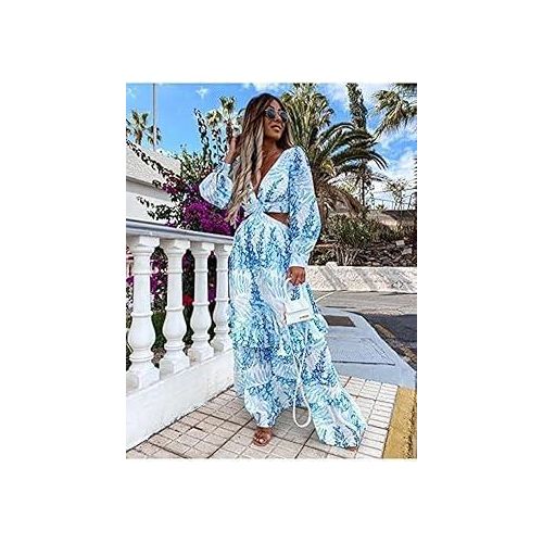 product_image_name-Fashion-Women Tunic Beach Cover Up Summer Sexy V-Neck Backless Hollow Out Lantern Sleeve Maxi Dress -1