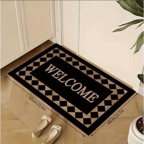 KnMn Black Polyester Welcome Doormat 40x60cm Non-Slip Machine Washable