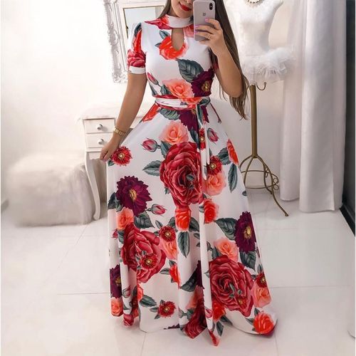 Fashion Women's Floral Sleeve Office Long Grown Dresses Casual Clothing ...