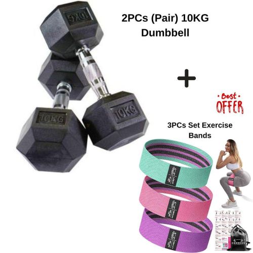 product_image_name-Generic-Pair (2pcs) 10KG for Each Hand Hexagonal Dumbell plus Free 3pcs Exercise Bands-1