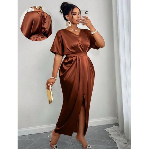 reformation dress brown Modest Women's Satin Dress 24559