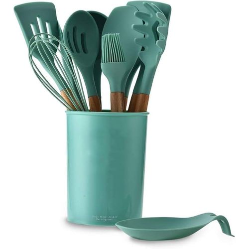 product_image_name-Generic-ChefMate™ 12-in-1 Green Silicone Cooking & Serving Spoon Set with Holder-2