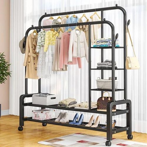 product_image_name-Generic-New Design Double pole cloth rack with lower and side storage for shoe and boxes. Has with wheels-1