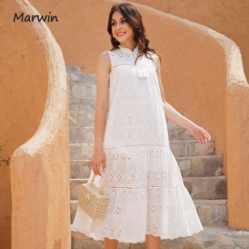 Fashion (White)Long Simple Casual Solid Hollow Out Pure Cotton Holiday  Style High Waist Fashion Mid-Calf Summer Dresses NEW Vestidos DOU @ Best  Price Online