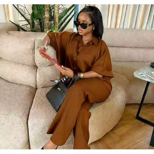 product_image_name-Fashion-Brown shortsleeved linen set-1