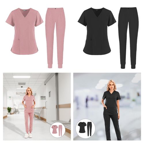 Scrub Suit Nurse Uniform Pocket T-Shirt + Pants Workwear Suit V-neck 2PCS/S