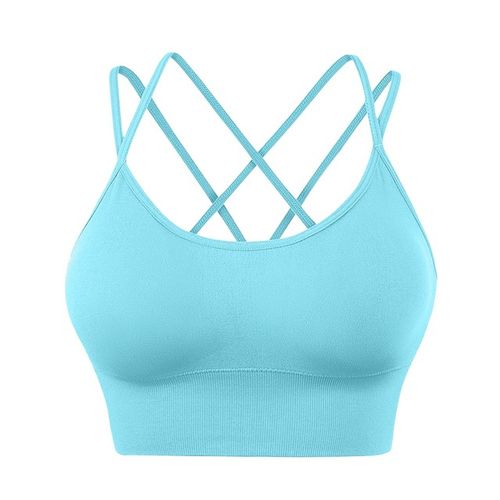 Women's Low Impact Strappy Padded Sports Bra Cross Back Straps Yoga Bra  Tops, Blue, M 