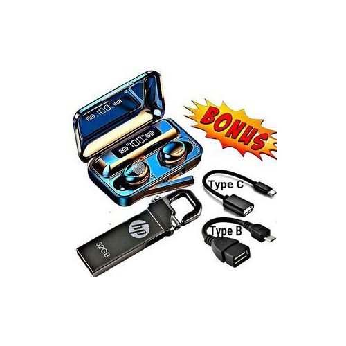 product_image_name-F9-Heavy Bass Earphones Bluetooth Wireless Earbuds // Earpods + Extra Bonus 3.0 Metallic 32 GB High Speed Flash Usb Disk Drive 32GB + 2 OTG Cables-1