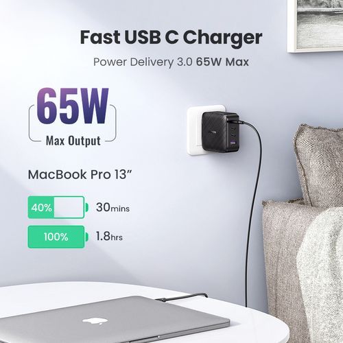 65W 45W USB C Type C PD 3.0 GaN Fast Charger Adapter with 3-Port Wall  Charger For MacPro MacAir, Switch, Galaxy S22 S21 S10 S9 Note 20, Lenovo  ThinkPad Chromebook, HP EliteBook