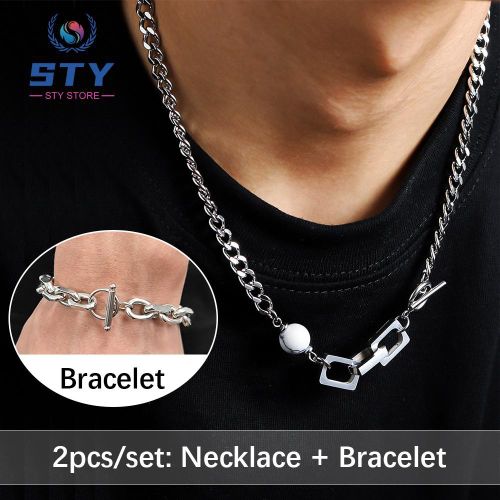 product_image_name-STY-2 Pcs Men Jewelry Set Necklace + Bracelet Set Titanium Steel Necklace Stainless Steel Bracelet-1