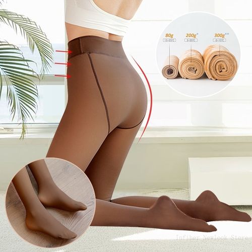 Women Winter Tights Pantyhose Leggings 300g Fleece Lined Brown Translucent