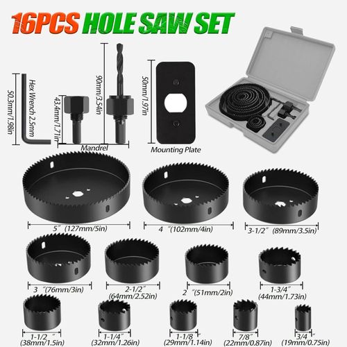 product_image_name-Generic-16 PCS Hole Saw Set, 3/4" to 5" (19-127mm), 25mm Cutting Depth for Soft Wood, Plywood, PVC, Drywall, not for Metal and Hard Wood.-4