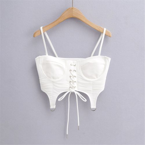 White Lace Up Corset Strappy Top, Tops