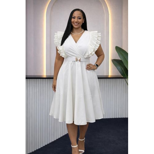 slim fit dress slacks Crystal Doll Juniors' Ruffle-Sleeve Fit & Flare Dress – DGFOutlet main image 1