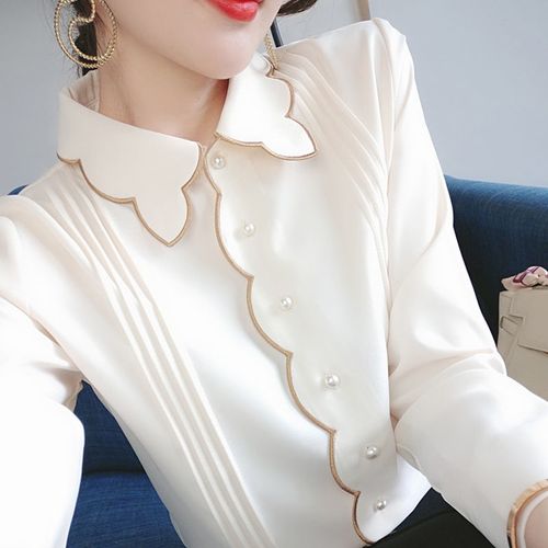 Fashion (Beige)Sweet Peter Pan Collar Spliced Button Folds Loose Chiffon  Blouse Female Clothing 2022 Autumn Casual Pullovers Office Lady Tops SCH @  Best Price Online