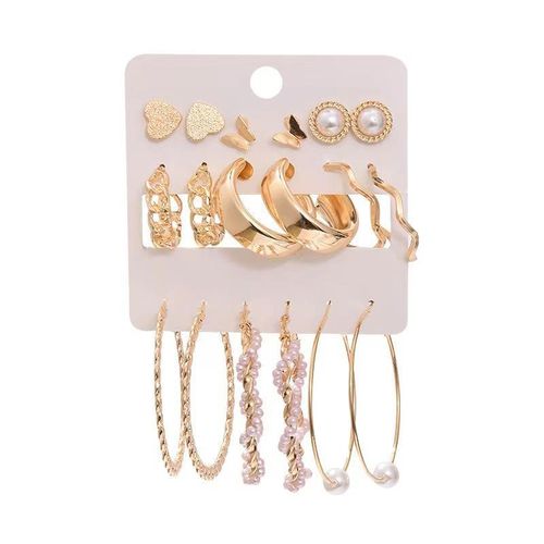 product_image_name-Fashion-Pearl Heart & Chain Designs Women's Gold Hoop & Stud Earring Set-4