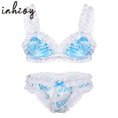 Fashion (A-Blue)Mens Sissy Underwear Crossdress Lingerie Set Shiny