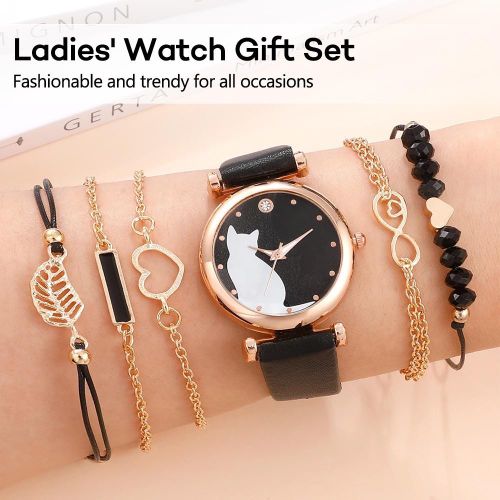 product_image_name-ARHANORY-Ladies Quartz Watch Bracelet Set Stylish Wristwatch Lady Cat Pattern Dial & 5pcs Bracelet-2