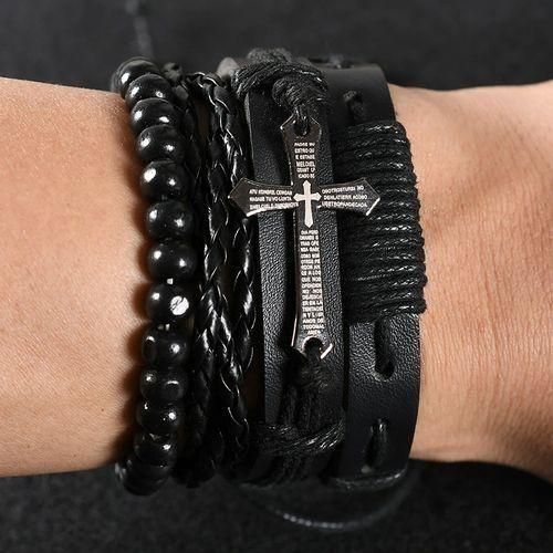 product_image_name-SXCHEN-Men's Bracelet 3 Pieces Braided Set Cross Combination Retro-Black-1