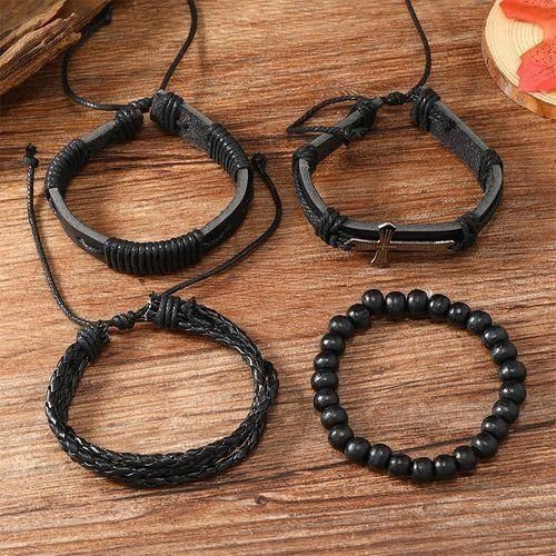 product_image_name-SXCHEN-Men's Bracelet 3 Pieces Braided Set Cross Combination Retro-Black-6