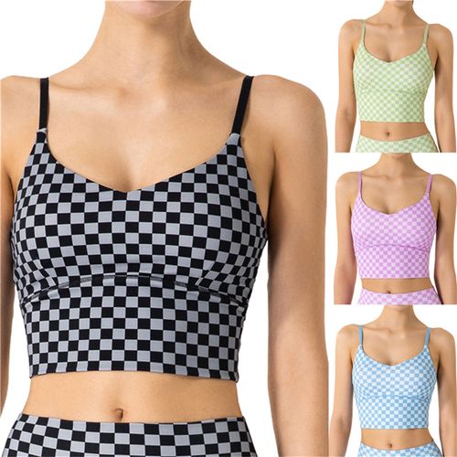 Fashion (Black)Women Seamless Sport Bra Vest Tops Summer Spaghetti Strap  Checkerboard Print Yoga Bra With Removable Cups Camis Work Out Fitness WEF  @ Best Price Online