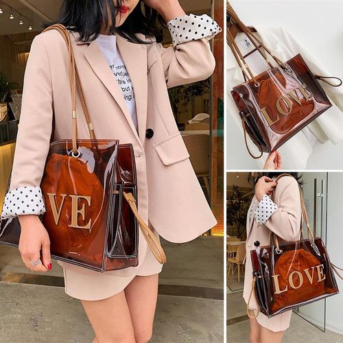 Fashion Women Transparent PVC Shoulder Bags Jelly Candy Color Large  Capacity Handbag Tote Brown 