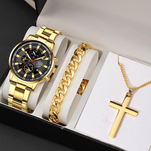 Fashion 3pcs set Mens Calendar Stainless Steel Quartz Watch Necklace Bracelet set Best Price Online Jumia Kenya