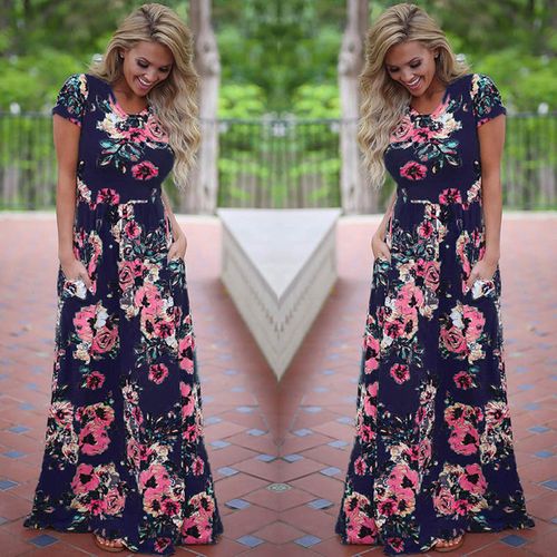 Generic Summer Maxi Dress Women Pink Floral Print Boho Beach Dress Ladies  Evening Party Long Dress Sundress Vestidos De Festa 3XL(#602 Navy) @ Best  Price Online