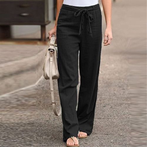 Women Cotton Linen Trousers Ladies Elasticated Waist Loose Wide Leg Long  Pants