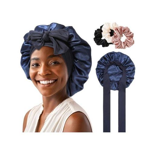 product_image_name-Fashion-Satin Bonnet Sleeping Cap With Head Tie Edge Wrap For Women Curly Braid Hair-NAVYBLUE-1