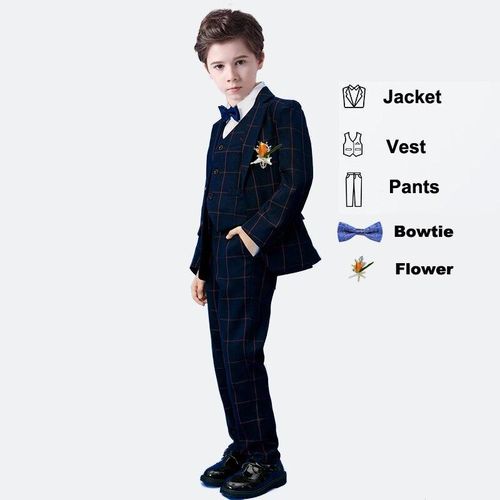 4Pcs Child Boys Wedding Party Formal Outfits Suit Coat +Pants+Blouse+Bow  Tie Set