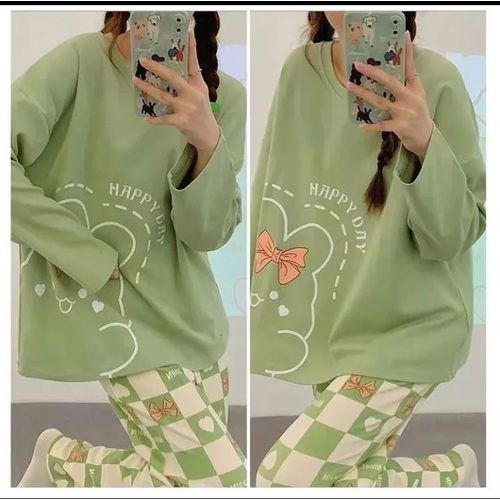 product_image_name-Fashion-Sage Fairy Green & White Checkered Pajamas & Lounge Set/ Long Sleeved Top & Full length Pants -2