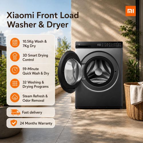 XIAOMI Front Load Washer Dryer 10.5kg Wash and 7kg Dry, Direct Drive (DD) Inverter Motor, 525 mm Extra-Large Inner Drum, 1200 RPM Max Spin Speed, 1800W–2200W for Washing, 1400W–1800W for Drying