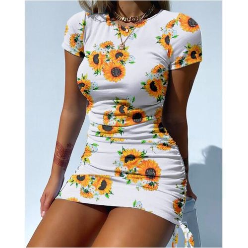 Fashion (white)New Style Women Slim Sheath Short Dress Ladies Young Style  Sunflower Mini Dress Summer Dyeing Drawstring DOU @ Best Price Online