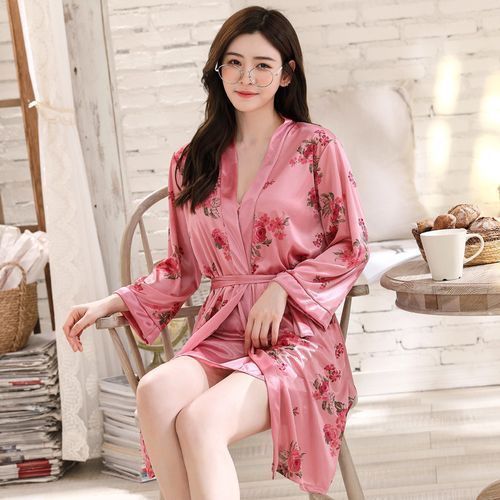 Fashion Sleeping Wear Sets Women Robe Ice Silk Nightdress Pajama