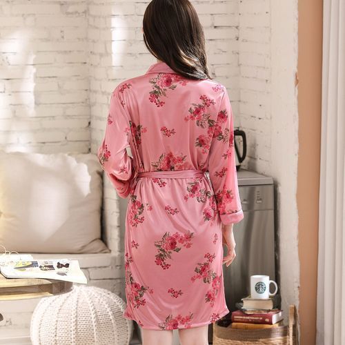 Fashion Pink Sleeping Wear Sets Women Robe Ice Silk Nightdress Pajama Set  Plus Size