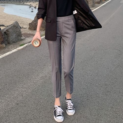 Women Chic Office Wear Straight Pants Vintage High Ladies Trousers