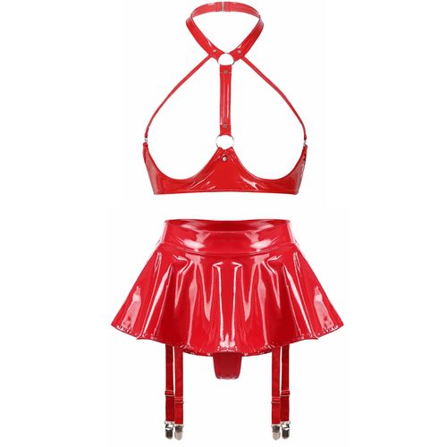 Fashion (A Red) Lingerie Set Woman Garter Patent Leather Wire-free Open ...