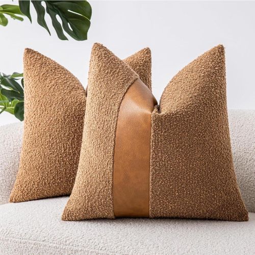 product_image_name-Generic-18"x18" Tobacco Boucle Throw Pillow Covers With Faux Leather Accents Set Of 2 Fluffy Textured Decorative Pillow Cases For Couch Bed Boho Farmhouse Square Cushion Covers For Nordic Home Décor-1