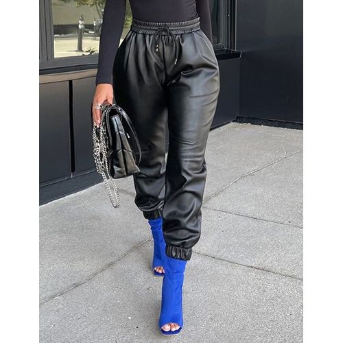 Fashion (Black)Ronikasha Women Pants Elastic Drawstring Faux Pu Leather  Streetwear Moto Biker Vintage Pants Plus Size 3XL XXA @ Best Price Online