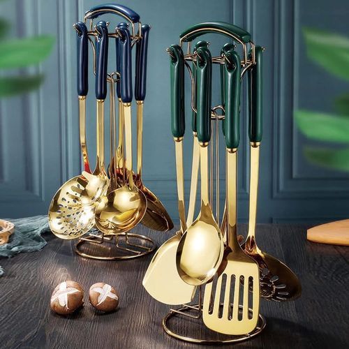 Generic Spoons,6pcs-Gold Cooking Spoon With Stand