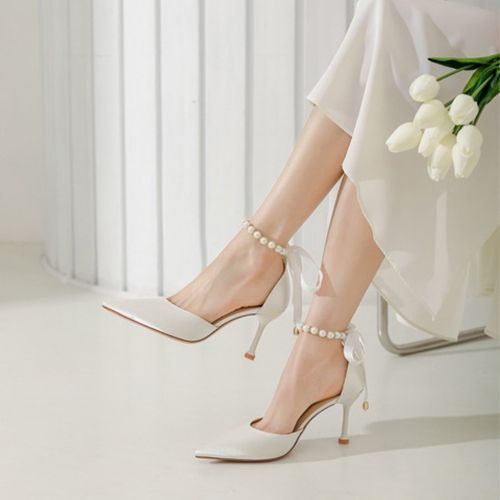 Fashion White Hollow 2023 Silk Ankle Pearl White Pumps Design High Heels Women Pumps Stiletto Sexy Bow Strap Dress Wedding Bride Shoes Plus Size 2022 JIN Best Price Online Jumia Kenya